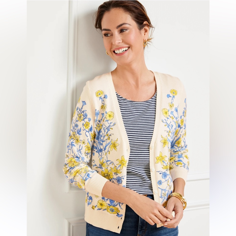 Talbots Floral Cardigan in Cream with Blue and Yellow Accents